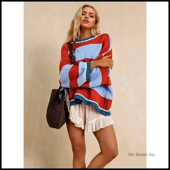 Chunky Knit Striped Sweater Oversized Pullover Casual Y2K Chic Fall Winter - Picture 2 of 7